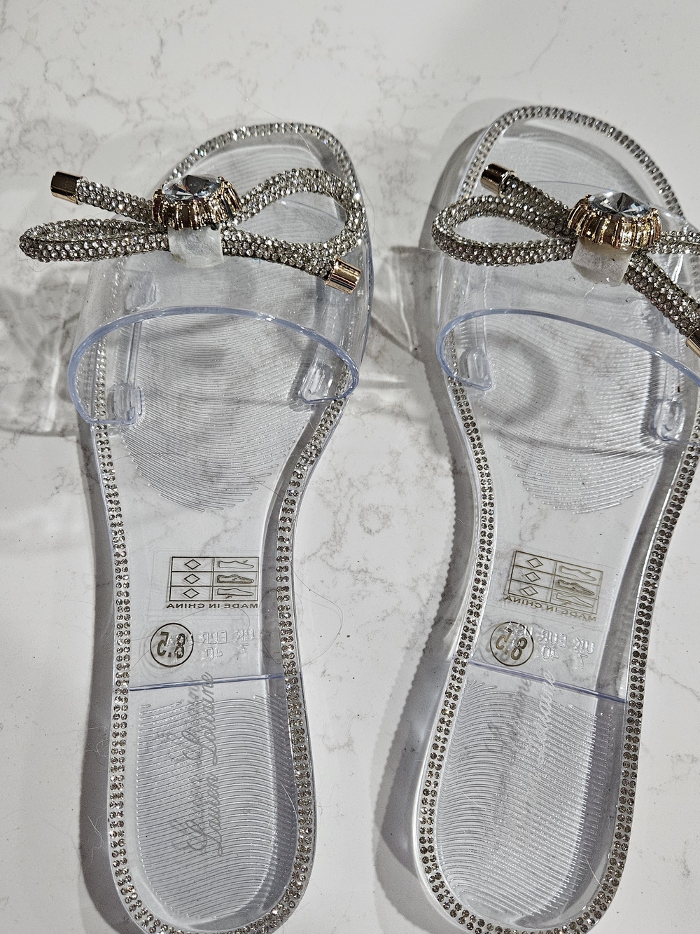 Clear Bow Slide Sandals with Rhinestone Trim - Transparent